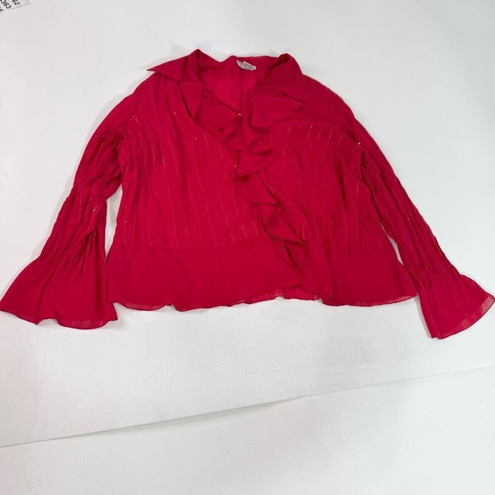 Notations Blouse Womens 2X Red Polyester Long Bell Sleeve V-Neck Ruffled Sequins